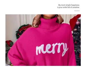 Womens christmas turtleneck pink sweater batwing sleeve casual knitted pullover top