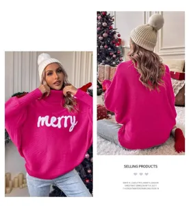 Christmas turtleneck batwing sleeve knitted sweater for women, casual winter warm top.