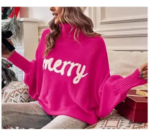 Cozy pink turtleneck sweater with batwing sleeves and merry knit detail for women.