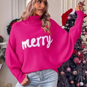Women Christmas Turtleneck Sweater Winter Loose Batwing Sleeve Knitted Pullover Top Merry Love Festive Knitwear