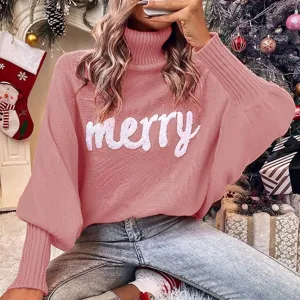 Women's Christmas turtleneck pink knit sweater with loose batwing sleeves for autumn winter.