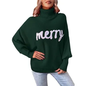 Women christmas turtleneck sweater loose batwing sleeve knitted pullover winter green top