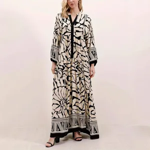 Women long sleeve maxi dress black beige abstract print elegant casual tiered long dress