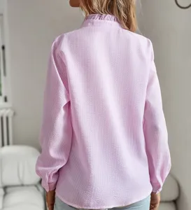 Damen rosa weiß gestreifte Langarm Bluse mit Stehkragen elegante Freizeit Shirt Tops