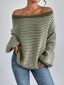 Women off shoulder striped knit sweater casual long lantern sleeve loose pullover top
