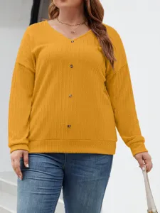 Plus size yellow V-neck cable knit sweater for women, casual long sleeve button up cardigan.