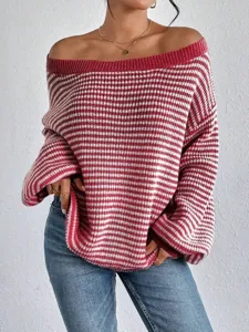 Off-shoulder colorblock striped lantern sleeve knit sweater, cozy and stylish apparel.
