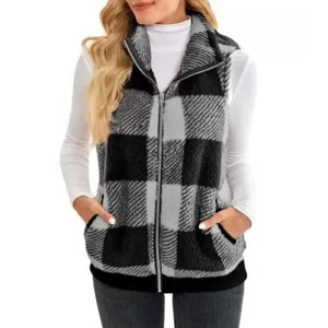 Detailed close-up view of the black and white plaid fleece vest stand collar winter top.