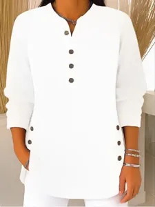 White corduroy long sleeve V-neck top with button details, casual loose fit and side buttons.