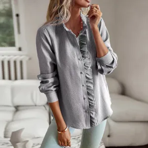 Damen Herbst gestreifte langarm Rüschen Bluse lässige Knopfleiste Hemd Alltag Top