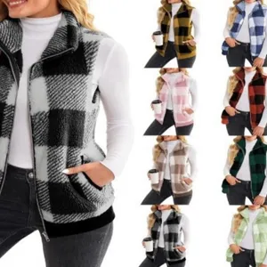 Women Plaid Fleece Vest Sleeveless Stand Collar Zipper Cardigan Warm Fashion Waistcoat Outerwear For Autumn Winter