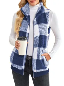 Women blue white plaid fleece zip vest sleeveless winter warm outerwear casual apparel top