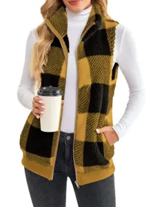 Women fleece plaid vest winter warm fuzzy zip up stand collar sleeveless outerwear top