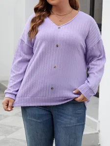 Plus size purple V-neck button knit sweater casual loose long sleeve top for women daily wear