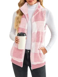 Women pink plaid sherpa fleece vest winter warm zip up sleeveless outerwear jacket top