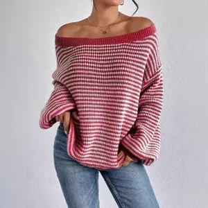Off-shoulder striped knit sweater for women, casual loose long sleeve pullover top.