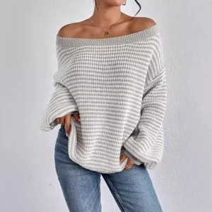 Women off shoulder striped knit sweater loose lantern sleeve casual pullover winter top