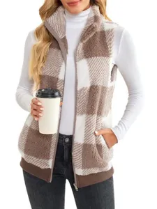 Women's plaid fleece zip-up vest cozy sleeveless outerwear casual winter warm top