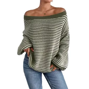 Off-the-shoulder striped knitted sweater, loose lantern sleeve casual pullover top for women