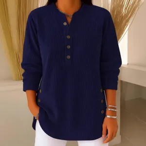 Women Casual Corduroy Long Sleeve V-Neck Button Solid Color Loose Top Fashion Elegant Fall Daily Clothing