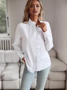 Damen Langarm Rüschen Stehkragen Hemd Casual Knopfleiste Bluse Elegantes Büro Herbst Top