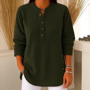 Dark green ribbed long sleeve V-neck button henley top casual women's autumn shirt
