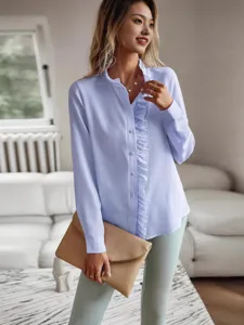 Damen hellblau gestreifte Rüschen Langarm Bluse lässiges Herbst Hemd Top für den Alltag