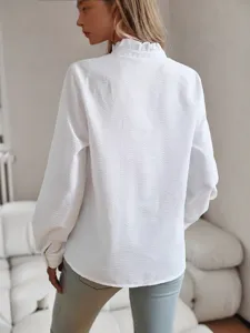 Damen weiße rüschen stehkragen langarm bluse herbst elegante casual puffärmel oberteil