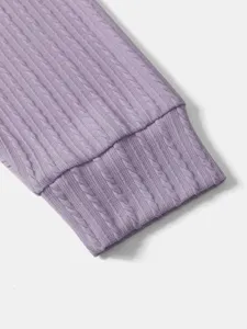 Purple cable knit sweater sleeve detail, soft texture and classic ribbed cuff for casual daily wear.