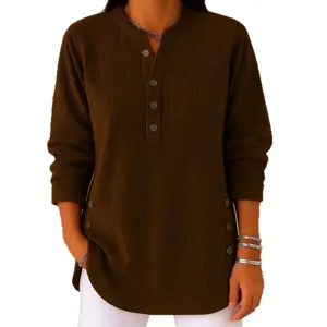 Women Corduroy Long Sleeve V-Neck Button Casual Loose Solid Color Fall Winter Top