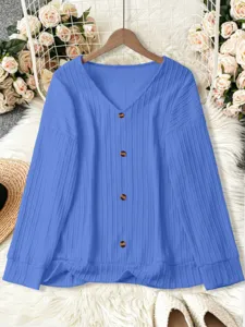 Detailed view of casual blue V-neck knit cardigan with front buttons for women spring style.