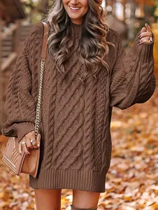 Dames bruine oversized grove gebreide trui met kabelpatroon, kolom lange mouwen herfst top.