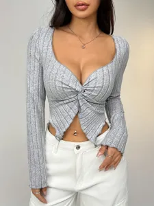 Graues geripptes Langarmtop mit schickem Twist-V-Ausschnitt und figugetonter kurzer Passform.