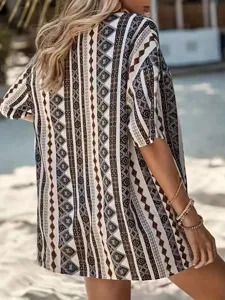 Bohinische geometrische Print Kurzarm Tunika Shirt lässiges Urlaubs Strand Oberteil Damen