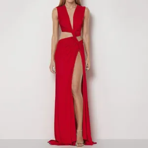 Stunning red sleeveless V-neck high slit long evening dress with hollow knot design.