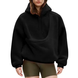 Schwarzer Plüsch Fleece Kapuzenpullover für Damen, warmer Winter Pullover mit Tasche.