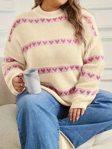 Detailed view of beige knit sweater featuring cute pink heart stripes in cozy daily scene.
