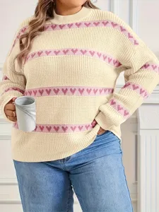 Women's casual crew neck knit sweater featuring charming pink heart stripes for autumn.