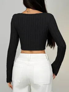Rückansicht des engen langärmeligen Damen Strick Crop Tops, modische einfarbige Mode.
