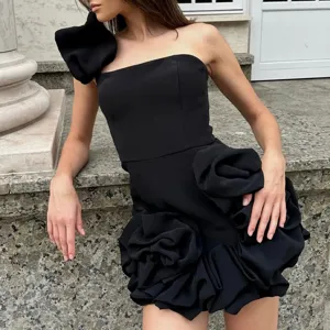 Black one shoulder ruffle bodycon dress detail, stylish summer party cocktail mini dress.