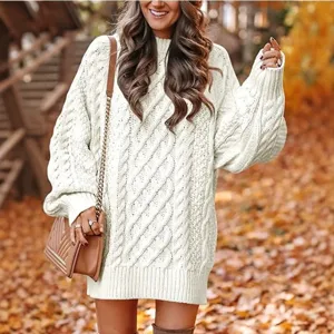 Dames wit oversized kabeltrui casual losse opstaande kraag lange mouwen gebreide jurk