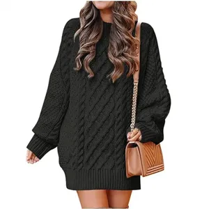 Dames zwart oversized kabelbreisel trui jurk, grove steek winter warm casual kleding.
