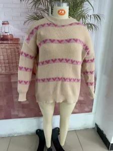 Women's autumn knit sweater, round neck long sleeve pullover with cute pink heart stripes.