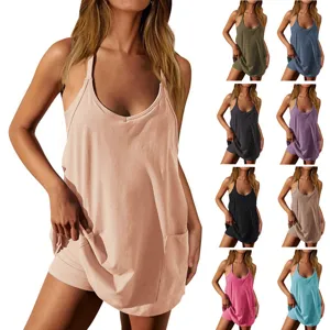 Detail view of the solid color sleeveless tank top and shorts set with convenient side pockets.