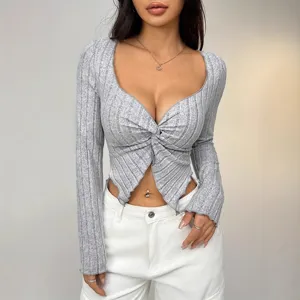 Damen Sexy V-Ausschnitt Vorderer Knoten Langarm Gestricktes Top Schmale Passform Kurzer Pullover Lässige Streetwear Bekleidung