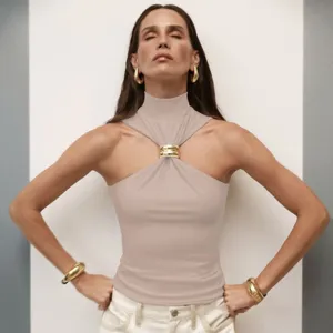 Women Sleeveless Off Shoulder Halter Top Polyester Spandex Golden Metal Ring Slim Fit Sexy Casual Apparel