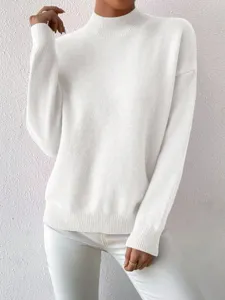 Maglione collo alto manica lunga bianco donna pullover in maglia invernale casual