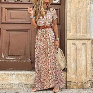 Vestido largo bohemio con estampado floral para mujer, cuello en V, manga corta y cinturón elegante.