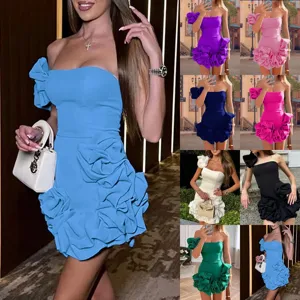 Summer new womens one shoulder strapless ruffle bodycon dress sexy party clubwear outfit