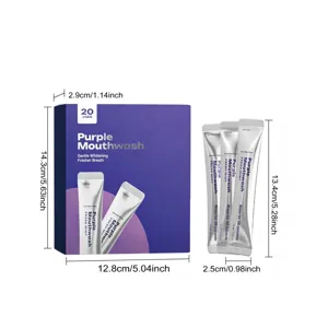 Portable purple mouthwash detail dimensions, 20 sticks per box, fresh mint breath care.